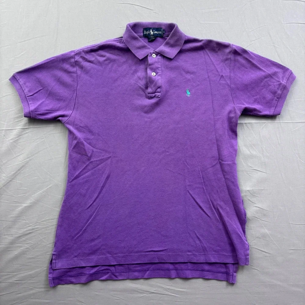 Ralph Lauren Mens Polo Shirt Large Purple Short Sleeve Cotton Pique Distressed